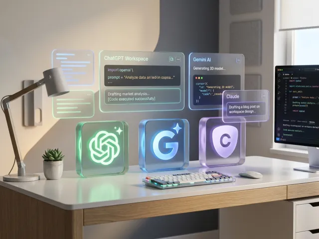 AI Tools Lab 대표 일러스트레이션 — ChatGPT, 제미나이, 클로드 3D 작업 공간