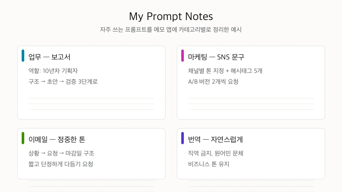 자주 쓰는 프롬프트를 메모 앱에 카테고리별로 정리한 예시