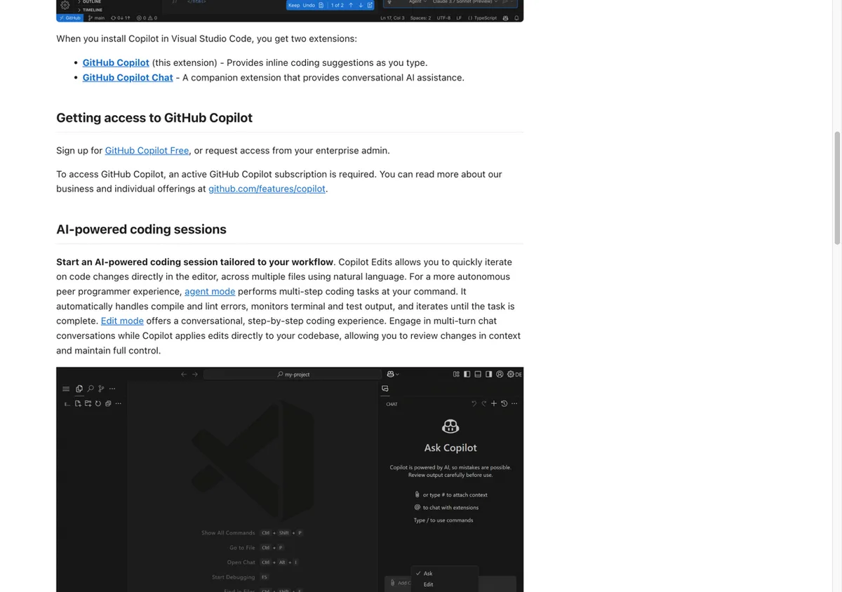 VS Code 마켓플레이스의 GitHub Copilot 확장 페이지 — 자동완성 예시