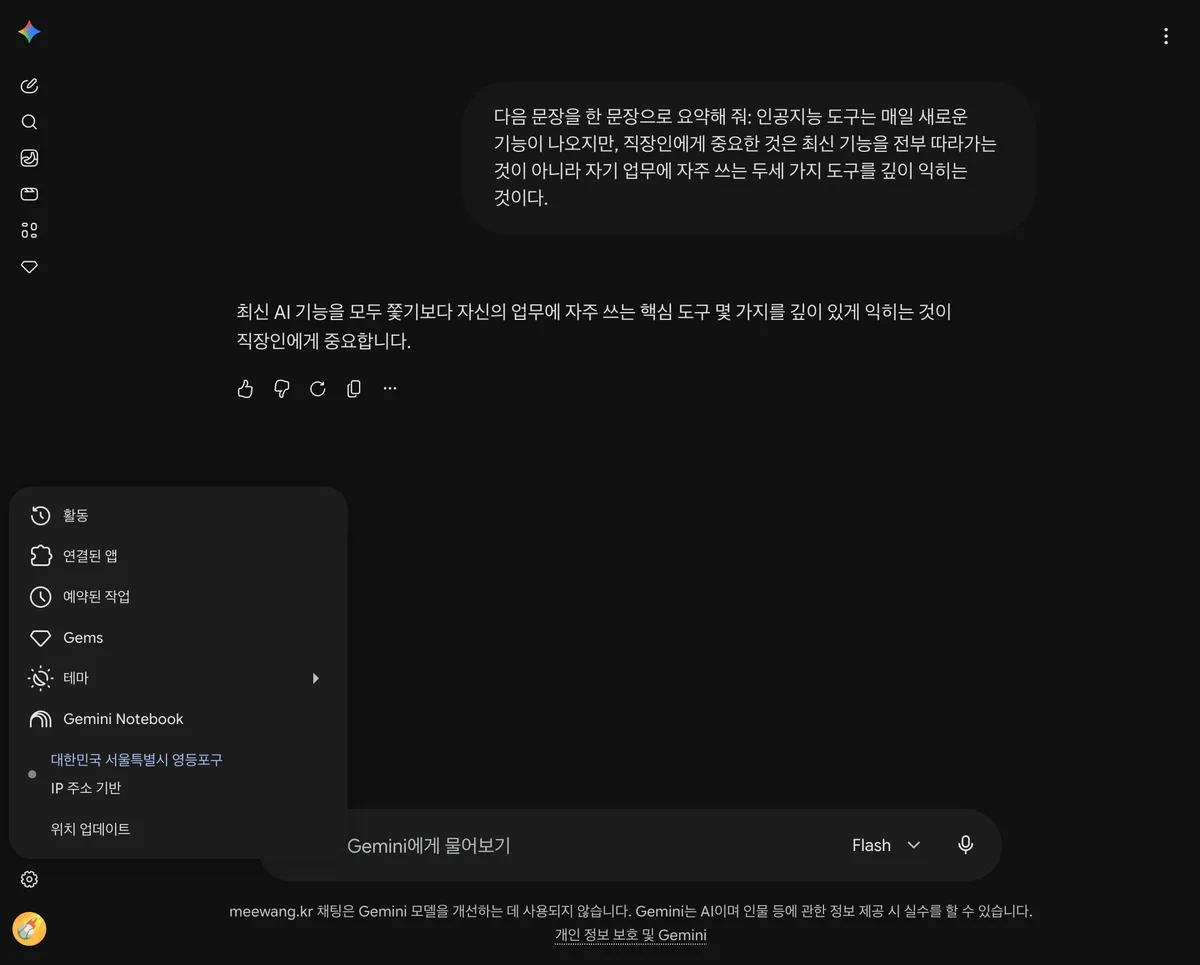 제미나이로 문장 요약을 실행한 화면 — 요청과 답변