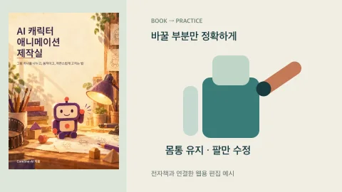 AI 캐릭터 애니메이션 제작실 표지와 팔만 움직이고 몸통은 그대로 두는 수정 요청의 편집 예시