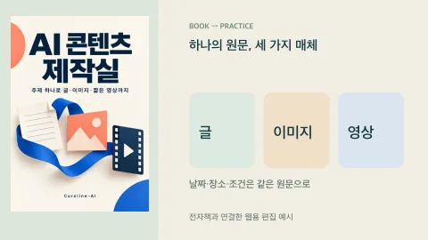 AI 콘텐츠 제작실 표지와 한 안내문을 글·이미지·짧은 영상 기획으로 나누기의 편집 예시