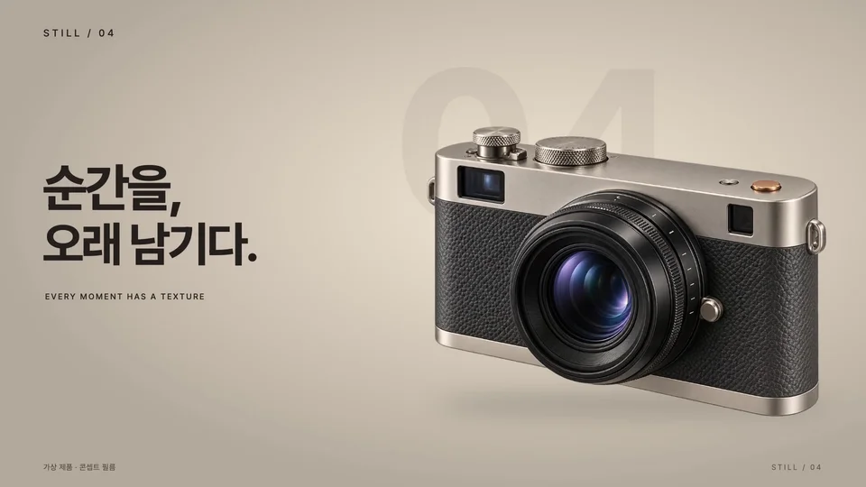 본체를 읽는 시간 — 따뜻한 회색 배경에서 카메라 전체와 왼쪽 카피를 보여줍니다.