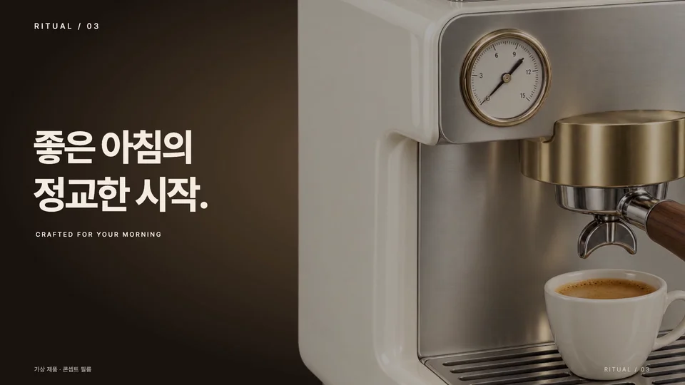 정교한 시작 — 기계의 금속 부분을 크게 잘라 보여주고 두 줄 문구를 왼쪽에 둡니다.