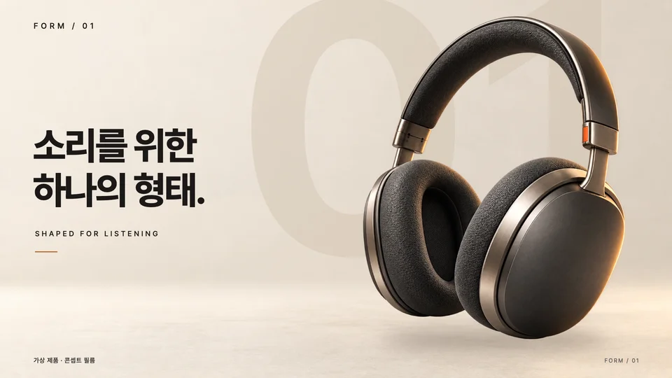 형태를 공개하기 — 아이보리 배경, 제품 전체, 왼쪽 카피가 서로 다른 레이어로 나타납니다. 제품에만 빛이 지나갑니다.