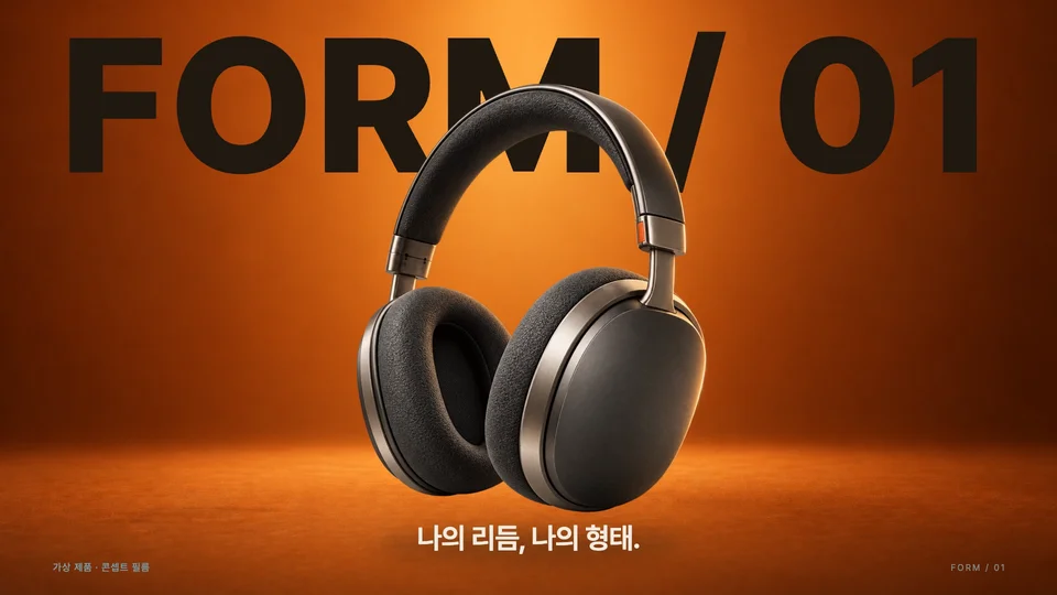 색과 이름으로 마무리하기 — 앰버 배경으로 바뀌면서 헤드폰이 중앙에 모이고, 뒤에는 큰 이름, 아래에는 마지막 카피가 남습니다.