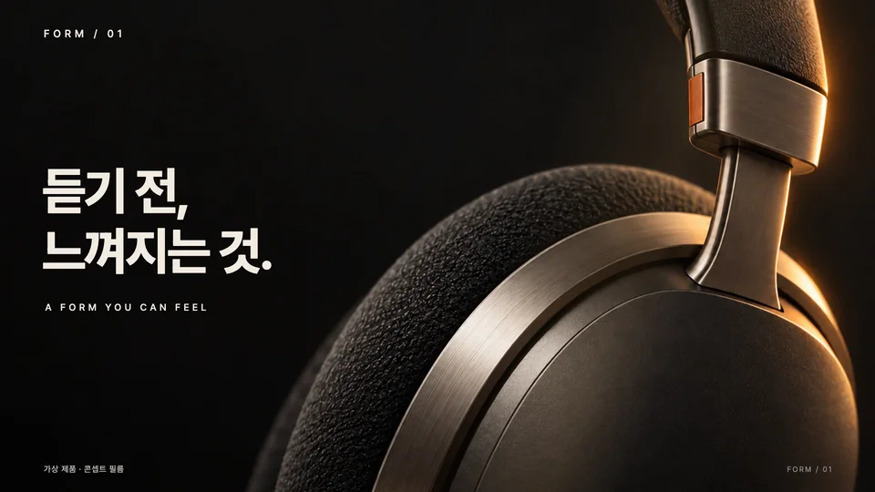 재질에서 시작하기 — 검은 매크로 배경 위에 따뜻한 가장자리 빛과 두 줄 문구를 배치합니다. 아직 제품의 전체 형태는 보여주지 않습니다.